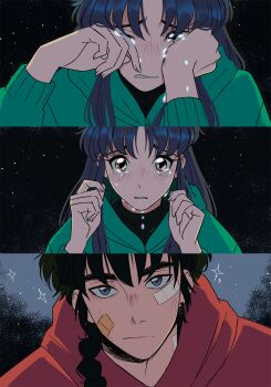 1boy 1girl bandaid bandaid_on_cheek bandaid_on_face black_hair black_shirt blue_hair blush braid brown_eyes closed_mouth crying furrowed_brow green_hoodie grey_eyes hair_over_shoulder highres hood hoodie isabel_(chabeescalante) looking_at_another parted_bangs parted_lips ranma_1/2 red_hoodie saotome_ranma shirt single_braid sparkle tears tendou_akane upper_body wiping_tears