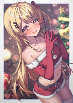 1girl :d absent ahoge bare_shoulders beamed_eighth_notes blonde_hair blurry blurry_background box breasts christmas_tree collarbone commentary double-parted_bangs duplicate eighth_note elbow_gloves fortissimo fur-trimmed_gloves fur-trimmed_shorts fur-trimmed_tube_top fur_trim gift gift_box gloves hair_between_eyes hair_ornament hair_ribbon hairclip hands_up highres hololive hololive_dev_is indoors interlocked_fingers long_hair looking_at_viewer midriff musical_note musical_note_hair_ornament navel one_side_up open_mouth orange_eyes otonose_kanade pom_pom_(clothes) red_gloves red_ribbon red_shorts red_tube_top ribbon santa_costume short_shorts shorts sidelocks small_breasts smile solo steepled_fingers strapless sweatdrop tube_top very_long_hair virtual_youtuber