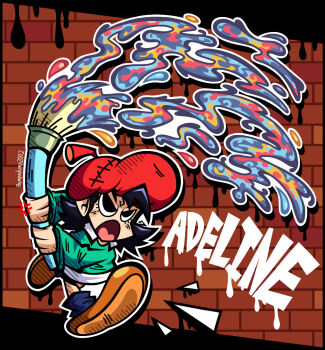 1girl adeleine anger_vein aqua_shirt artist_name beret black_hair blue_socks brick_wall brown_shoes bumpadump2002 commentary dripping english_commentary eyelashes full_body hat highres holding holding_paintbrush kirby_(series) kirby_64 long_sleeves medium_hair nintendo open_mouth outline oversized_object paint paintbrush red_hat shirt shoes socks solo stitches v-shaped_eyebrows v-shaped_eyes white_outline