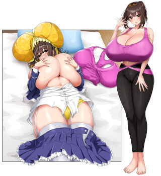 1girl absurdres barefoot black_pants blue_jacket blue_skirt bra bra_on_head breasts brown_eyes brown_hair btk_(vakamenga_bongu) clothes_pull covering_nipples covering_privates cushion futon hair_intakes highres huge_breasts jacket long_sleeves lying medium_hair miniskirt mino_ririsa_(osadeka) multiple_views object_on_head open_clothes open_shirt ore_no_osananajimi_ga_dekkkkkaku_narisugita panties pants pink_sports_bra pleated_skirt school_uniform shiny_skin skirt skirt_pull solo sports_bra standing thick_thighs thighhighs thighs underwear unworn_bra white_thighhighs yellow_bra yellow_panties yoga_pants