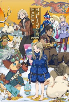 baby_seikret_(monster_hunter) barefoot beard_stubble black_hair blue_bodysuit blue_coat blue_eyes blush bodysuit bow brown_fur brown_pants capcom cellphone coat colored_skin commentary diana_(pragmata) dragon drill_hair english_commentary facial_hair felyne floral_print food furry geo_stelar_(mega_man) gloves grace_ashcroft hagoita hair_bow hairpods hane_(hanetsuki) hanetsuki happy_holidays hat head_on_another's_shoulder helmet hertz_(mega_man) highres ingrid_(capcom) jacket japanese_clothes locked_arms luna_platz_(mega_man) mega_man_(series) mega_man_star_force_(series) miyamoto_musashi_(onimusha) monster_hunter_(series) monster_hunter_stories_3:_twisted_reflection monster_hunter_wilds official_art oni_gauntlet onimusha:_way_of_the_sword open_mouth paddle pants pantyhose phone pink_bow pragmata purple_skirt rathalos red_skin resident_evil resident_evil_requiem rudy_(monster_hunter) shirt sitting skirt smartphone smile snow star_force_mega_man street_fighter street_fighter_6 stubble taking_picture twin_drills wide_sleeves will-o'-the-wisp_(mythology) wings wyvern