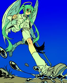 1girl angel_wings black_eyes blue_background blue_hair closed_mouth collared_shirt commentary grey_shirt grey_shoes hair_between_eyes halo hatsune_miku highres holding holding_lead_pipe jacket kimtooth lead_pipe leg_warmers long_hair open_clothes open_jacket ribbon shirt shoes shorts simple_background solo splashing twintails untranslatable_commentary vest vocaloid waistcoat walking water white_jacket white_leg_warmers white_ribbon white_shorts white_vest white_wings wings yellow_halo