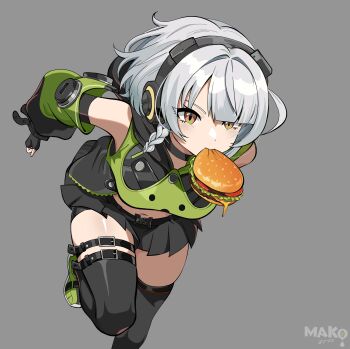 1girl anby_demara artist_name bare_shoulders black_gloves black_skirt black_thighhighs braid breasts burger commentary commentary_request detached_sleeves english_commentary fingerless_gloves food food_in_mouth foot_out_of_frame gloves green_jacket grey_background headphones highres jacket kurimako looking_at_viewer medium_breasts miniskirt mixed-language_commentary mouth_hold orange_eyes running short_hair simple_background single_braid skirt solo thighhighs white_hair zenless_zone_zero