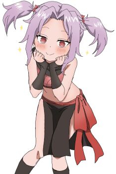 1girl alternate_hairstyle bare_shoulders black_scarf black_socks blush closed_mouth commentary_request crop_top feet_out_of_frame hands_on_own_cheeks hands_on_own_face highres kunoichi_tsubaki_no_mune_no_uchi looking_at_viewer midriff navel ninja purple_hair red_eyes ringed_eyes riokasen sazanka_(kunoichi_tsubaki_no_mune_no_uchi) scarf simple_background smile socks solo sparkle twintails white_background