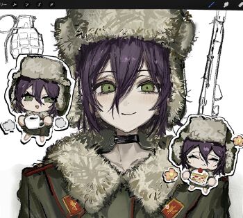 Rule 34 | 1girl, alternate costume, art program in frame, black choker, blush, cake, cake slice, chainsaw man, chibi, chibi inset, choker, closed eyes, closed mouth, coat, coffee, collarbone, collared coat, commentary request, cup, eating, explosive, flower, food, fruit, full body, fur-trimmed coat, fur-trimmed headwear, fur trim, green coat, green eyes, green hat, grenade, grenade pin, gun, hair between eyes, hat, highres, holding, holding cup, holding plate, icing, long hair between eyes, long sleeves, looking at viewer, military, military hat, military uniform, mokomokopasuta, multiple views, open mouth, pink flower, plate, purple hair, reze (chainsaw man), rifle, short hair, simple background, smile, sniper rifle, soviet army, strawberry, upper body, ushanka, weapon, white background