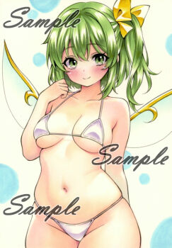 1girl alternate_costume arm_behind_back bikini blush bow breasts closed_mouth collarbone commentary_request cowboy_shot daiyousei fairy fairy_wings green_eyes green_hair groin hair_bow halterneck looking_at_viewer miyakooo0420 one_side_up sample_watermark smile solo swimsuit touhou traditional_media watermark white_bikini wings yellow_bow