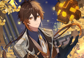 1boy black_gloves black_hair brown_hair brown_jacket brown_vest closed_mouth earrings genshin_impact gloves gradient_hair jacket jewelry long_hair long_sleeves male_focus miyanami_3 multicolored_hair necktie orange_eyes single_earring smile tassel tassel_earrings vest white_necktie zhongli_(genshin_impact)