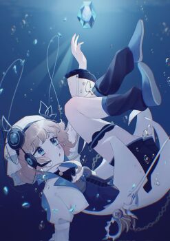 :o arcaea beret black_boots black_shoes black_shorts blonde_hair blue_bow blue_eyes blue_shirt boots bow buttons cable cape curly_hair eto_(arcaea) facial_tattoo frilled_sleeves frilled_thighhighs frills hat highres large_buttons layered_skirt leg_ribbon long_sleeves miniskirt pleated_skirt reaching ribbon scissors shirt shoes short_hair shorts skirt star_(symbol) star_tattoo straight_hair tattoo thighhighs water white_bow white_cape white_hair white_hat wrist_cuffs yungun_(dbsrjsdn0330)