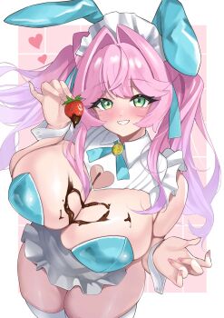 Rule 34 | 1girl, animal ears, apron, aqua leotard, blush, breasts, chocolate, chocolate on body, chocolate on breasts, cleavage, collar, commentary request, eyebrows hidden by hair, fake animal ears, food, food on body, from above, fruit, green eyes, hair intakes, heart, highres, hiromusan, holding, holding food, large breasts, leotard, long hair, looking at viewer, maid headdress, open mouth, original, pink hair, playboy bunny, rabbit ears, smile, solo, strawberry, thighhighs, waist apron, white apron, white collar, white headdress, white thighhighs