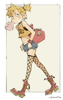 Rule 34 | 1girl, asymmetrical hair, bag, blowing bubbles, blue eyes, blue shorts, blush, boots, bubble, chewing gum, choker, crop top, cutoffs, denim, denim shorts, ear piercing, earrings, fishnet thighhighs, fishnets, jewelry, looking at viewer, midriff, misty (pokemon), mouth hold, navel, nintendo, orange hair, piercing, pokemon, pokemon (anime), pokemon (classic anime), ponytail, red bag, sekihan, shirt, short hair, short shorts, shorts, side ponytail, solo, tank top, thighhighs, torn clothes, torn thighhighs, walking, yellow shirt
