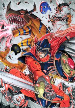 1boy armor asymmetrical_dual_wielding blue_armor blue_helmet breath_weapon breathing_fire cape character_request copyright_request crossover digimon digimon_(creature) dinosaur dragon_quest dual_wielding fire greymon helmet highres holding holding_shield holding_sword holding_weapon horns looking_at_another miura_satoru open_mouth red_cape red_eyes sharp_teeth shield slime_(creature) slime_(dragon_quest) sword teeth weapon