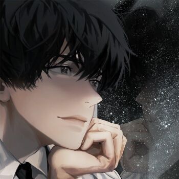 1boy black_eyes black_hair black_necktie blackbox_(blackbox9158) close-up collared_shirt condensation hair_between_eyes hand_on_own_chin head_rest kim_dokja male_focus necktie omniscient_reader&#039;s_viewpoint portrait reflective_surface shirt short_hair sky smile solo star_(sky) starry_sky white_shirt window_fog