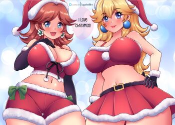 2girls belt black_belt black_gloves blonde_hair blue_background blue_eyes blush bow breasts brown_hair bubble_background christmas cleavage collarbone earrings flower_earrings fur-trimmed_gloves fur-trimmed_headwear fur-trimmed_shirt fur-trimmed_shorts fur-trimmed_skirt fur_trim gloves green_bow hand_on_own_chest hand_on_own_hip hat jewelry large_breasts long_hair looking_at_viewer mario_(series) midriff multiple_girls navel nintendo open_mouth pearl_earrings pom_pom_(clothes) princess_daisy princess_peach red_shirt red_shorts red_skirt santa_costume santa_hat shirt shorts skirt sleeveless sleeveless_shirt smile speech_bubble standing sugarbell