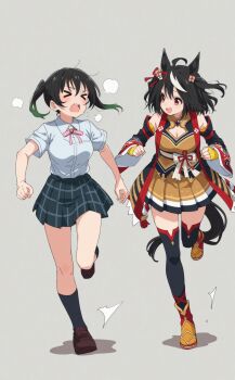 2girls absurdres black_hair highres kitasan_black_(umamusume) love_live! love_live!_nijigasaki_high_school_idol_club multiple_girls takasaki_yu umamusume voice_actor_connection yano_hinaki