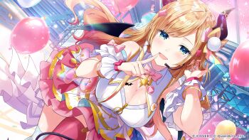 1girl :d absurdres asymmetrical_sidelocks balloon black_horns blonde_hair blue_sky bow bowtie breast_tattoo breasts cleavage commentary_request concert confetti copyright_name day demon_girl demon_horns demon_tail demon_wings detached_sleeves dress gradient_hair hair_ribbon hands_up highres hololive hololive_dreams horn_ornament horn_ring horns large_breasts layered_dress leaning_forward long_hair long_sidelocks looking_at_viewer mismatched_thighhighs multicolored_hair official_alternate_costume official_art open_mouth outdoors pink_bow pink_bowtie pink_hair pink_thighhighs pointy_ears puffy_detached_sleeves puffy_short_sleeves puffy_sleeves ribbon short_sleeves sidelocks sky sleeveless sleeveless_dress smile solo swept_bangs tail tattoo thighhighs tress_ribbon virtual_youtuber white_dress white_thighhighs winged_heart winged_heart_tattoo wings wrist_cuffs yuzuki_choco