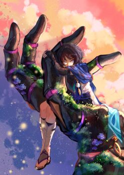 1boy araimin armor belt black_belt black_bodysuit black_bridal_gauntlets black_hair black_nails black_sandals black_shorts blue_cape blue_kimono blunt_ends bodysuit bow bridal_gauntlets cape cloud cloudy_sky furisode genshin_impact glint gold hand_up highres japanese_armor japanese_clothes juban kimono kote kurokote leg_warmers looking_at_viewer male_focus mechanical_hands moss open_clothes open_kimono orange_sky outdoors purple_bow purple_eyes purple_rope purple_sash purple_sky rope rukkhashava_mushroom_(genshin_impact) sandals sash scaramouche_(genshin_impact) shorts sitting sitting_on_hand sky solo star_(sky) starry_sky toeless_legwear tsurime wanderer_(genshin_impact) white_kimono white_leg_warmers white_trim wispy_bangs zouri