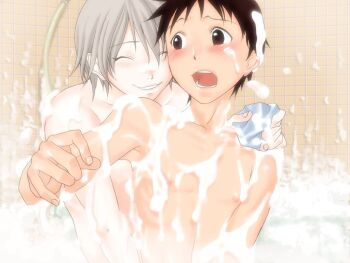 2boys artist_request bathing blush brown_eyes brown_hair closed_eyes closed_mouth collarbone completely_nude grey_hair hand_on_another&#039;s_crotch ikari_shinji looking_at_another male_focus multiple_boys nagisa_kaworu neon_genesis_evangelion nipples nude partially_submerged same-sex_bathing shared_bathing short_hair skinny soap_bubbles teeth third-party_source tongue upper_body yaoi