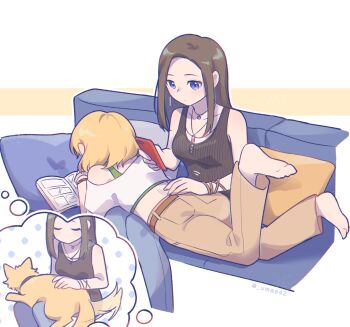 2girls animalization bang_dream! barefoot belt black_shirt blonde_hair blue_eyes blue_pants bracelet brown_belt brown_hair brown_pants cellphone closed_eyes closed_mouth collarbone commentary_request couch cropped_legs cropped_shirt cushion dog dot_mouth elbow_rest facing_object fingernails green_shirt hand_on_another&#039;s_back hand_rest hand_up highres holding holding_phone image_in_thought_bubble jewelry legs_up long_hair long_sidelocks looking_at_object lying lying_on_lap manga_(object) midriff motion_lines multiple_girls off-shoulder_shirt off_shoulder on_couch on_stomach pants pendant phone sato_masuki shirt shirt_under_shirt short_hair short_sleeves sidelocks single_off_shoulder sitting sleeveless sleeveless_shirt smartphone speech_bubble tail tail_wagging thought_bubble twitter_username umaa42 wakana_rei yellow_dog