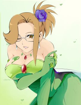 bent_over breast_press breasts breasts_squeezed_together brown_hair chest_tattoo cleavage evergreen_(fairy_tail) fairy_tail flatpancakesjim flower glasses hair_flower hair_ornament high_heels large_breasts leaning_forward ponytail seductive_smile short_ponytail simple_background smile tattoo