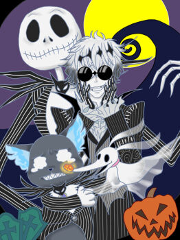 4boys black_crown crown formal_clothes gloves grim_(twisted_wonderland) jack_skellington jacket long_sleeves looking_at_viewer male_focus multiple_boys pinstripe_pattern pinstripe_suit pinstripe_vest round_eyewear short_hair skeleton_print skully_j._graves smile striped_clothes striped_jacket suit sunglasses the_nightmare_before_christmas twisted_wonderland user_cswv3825 vertical-striped_clothes vest white_hair zero_(nbc)