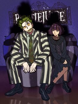 1boy 1girl animification baoul101552 beetlejuice betelgeuse_(beetlejuice) black_boots black_dress black_hair black_nails blue_eyes boots colored_sclera colored_skin colored_teeth commentary copyright_name couch dress dress_shirt english_commentary facial_hair formal_clothes goth_fashion green_hair highres logo looking_at_another looking_at_viewer lydia_deetz multicolored_necktie necktie on_couch red_eyes sharp_teeth shirt short_hair sitting stubble teeth vertical-striped_suit white_shirt white_skin yellow_sclera yellow_teeth