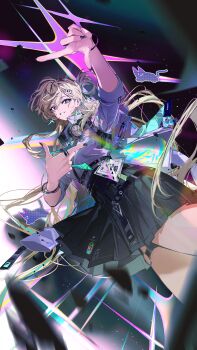 1girl absurdres aqua_necktie black_nails black_skirt blonde_hair braid braided_bangs breasts charm_(object) chinese_commentary clang_bang_(wuthering_waves) commentary_request earrings finger_frame hair_between_eyes hair_ornament headphones headphones_around_neck highres id_card jacket jewelry kurohush long_hair looking_at_viewer lynae_(wuthering_waves) medium_breasts nail_polish necktie parted_lips partial_commentary purple_eyes shirt shirt_tucked_in skirt skull_hair_ornament smile solo star_(symbol) star_earrings white_jacket white_shirt wuthering_waves