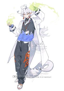 1boy :3 baggy_pants black_gloves black_sweater coat earrings fingerless_gloves fingernails full_body gloves highres id_card jewelry lanyard long_hair looking_at_viewer magic male_focus mill_hka original pants pointy_ears sharp_fingernails simple_background snake_boy snake_tail solo standing sweater tail tassel tassel_earrings very_long_hair white_background white_coat white_hair yellow_eyes