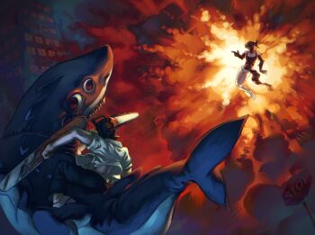 1girl 2boys apron beam_(chainsaw_man) black_apron black_gloves blood bloody_weapon bomb_devil_(chainsaw_man) breasts chainsaw chainsaw_man collared_shirt denji_(chainsaw_man) dynamite elbow_gloves explosion explosion_background explosive extra_eyes finger_gun gloves highres looking_at_another mememellowa multiple_boys object_head outstretched_arm panties pants red_background riding riding_animal shark sharp_teeth shirt sleeveless sleeveless_shirt teeth underwear weapon white_panties white_shirt