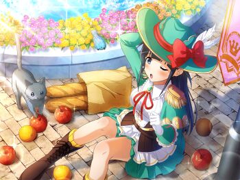 1girl apple bag bird black_hair blue_eyes bolo_tie boots brown_boots cat epaulettes flower food fruit furrowed_brow game_cg gloves green_hat green_jacket green_skirt grocery_bag hat jacket knee_boots long_hair official_art one_eye_closed orange_(fruit) shopping_bag shoujo_kageki_revue_starlight shoujo_kageki_revue_starlight_-re_live- sidelocks skirt solo tripping tsuyuzaki_mahiru white_gloves