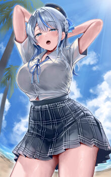 1girl absurdres amagai_ruka arms_behind_head arms_up beach black_bra blue_eyes blue_hat blue_ribbon blue_skirt blue_sky blue_streaks blush bra bra_visible_through_clothes braid breasts button_gap cloud collared_shirt colored_inner_hair commentary_request day earrings from_below grey_hair hair_between_eyes hair_ribbon hat highres jewelry large_breasts light_particles looking_at_viewer multicolored_hair neck_ribbon open_mouth outdoors plaid_clothes plaid_skirt pleated_skirt ribbon shirt shirt_tucked_in short_sleeves side_braid skirt sky solo standing streaked_hair sunlight sweat thighs underwear virtual_youtuber weather_planet white_shirt ya_ta