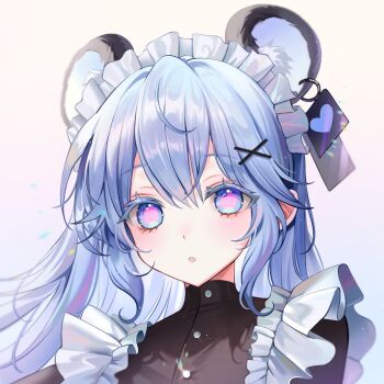 1girl animal_ear_fluff animal_ears bear_ears blue_eyes blue_hair buttons colored_eyelashes ear_tag frills hair_ornament highres long_hair looking_at_viewer maid_headdress multicolored_eyes original parted_lips pink_eyes two-tone_eyes wavy_hair white_background x_hair_ornament yp1091