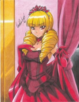 Rule 34 | 1girl, 2021, artist name, blonde hair, blunt bangs, breasts, choker, cleavage, closed mouth, collarbone, cowboy shot, crown, curtains, dress, drill hair, earrings, elbow gloves, female focus, gloves, hair ornament, highres, indoors, jewelry, medium breasts, mini crown, ravernclouk design, red choker, red dress, red eyes, red gloves, rose bernstein, smile, snk, solo, standing, the king of fighters, traditional media, twintails