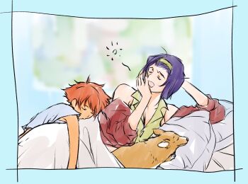 Rule 34 | 2girls, cowboy bebop, dog, edward wong hau pepelu tivrusky iv, ein (cowboy bebop), faye valentine, highres, multiple girls, purple hair, red hair, sleeping, tobalin, yawning
