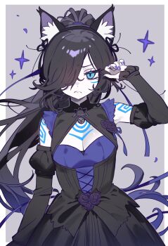 1girl alternate_costume animal_ear_fluff animal_ears armpits black_dress black_hair blue_dress blue_eyes blue_nails blush body_markings breasts cat_ears cleavage cleavage_cutout closed_mouth clothing_cutout corset dark_kasli_(nyanko_daisensou) detached_sleeves dress ebora flower frills grey_background hair_over_one_eye hair_tie hand_up highres kasli_(nyanko_daisensou) light_frown long_hair looking_at_viewer markings nyanko_daisensou ponytail puffy_detached_sleeves puffy_sleeves purple_flower purple_rose purple_star rose simple_background solo star_(symbol) two-tone_dress very_long_hair white_background