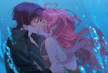 1boy 1girl ahoge alternate_costume artist_self-insert backless_dress backless_outfit bare_shoulders black_hair black_shirt black_sleeves blunt_ends brown_dress bubble casual closed_mouth collared_shirt contemporary couple dress eyelashes facing_another fingernails from_side genshin_impact hand_on_another&#039;s_chest heart heart_ahoge hetero highres holding_another&#039;s_arm kiss lipgloss long_hair long_sleeves oc_x_canon original partially_unbuttoned pink_hair pink_lips scaramouche_(genshin_impact) shirt strapless strapless_dress underwater wavy_hair wispy_bangs yoontrsh