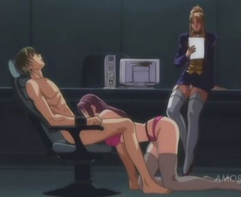 00s 1boy 2girls age_difference animated animated_gif anime_screenshot bdsm bent_over black_hair blonde_hair bondage bound bound_wrists bra chair closed_eyes clothed_female_nude_male computer discipline:_the_record_of_a_crusade fellatio femdom garter_belt garter_straps grey_legwear hayami_takurou indoors kneeling lingerie long_hair matsuno_kaori mature_female monitor morimoto_reina multiple_girls nude oral panties pantyshot paper penis pink_bra pink_panties ponytail purple_hair restrained short_hair sitting sleep_molestation sleeping teacher teacher_and_student thighhighs underwear watching watermark white_legwear white_panties