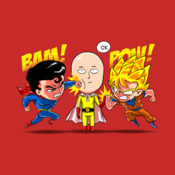 3boys artist_request bald bodysuit cape chibi crossover dc_comics dragon_ball dragonball_z kryptonian lowres male_focus multiple_boys one-punch_man red_background saitama_(one-punch_man) simple_background son_goku super_saiyan superman superman_(series)