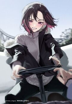 2girls black_jacket black_nails black_pants blush chigusa_minori colored_inner_hair commentary_request day female_pov floating_hair grey_sweater highres jacket long_sleeves looking_at_viewer multicolored_hair multiple_girls navel open_mouth outdoors pants pink_hair pov pov_hands purple_nails saotome_shino_(shino_to_ren) shino_to_ren shirayuki_ren short_hair single_off_shoulder spinning_teacup sweatdrop sweater