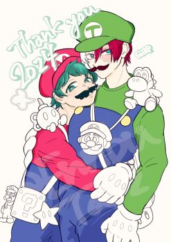 2boys ?_block bob-omb boku_no_hero_academia bones_(company) burn_scar cosplay curly_hair ennbutdiz facial_hair freckles gloves green_hair hat highres hug luigi mario mario_(series) messy_hair midoriya_izuku multicolored_hair multiple_boys mustache nintendo overalls red_hair scar shirt shounen_jump size_difference stuffed_toy super_mushroom super_star_(mario) tododeku todoroki_shoto two-tone_hair white_hair yaoi yoshi