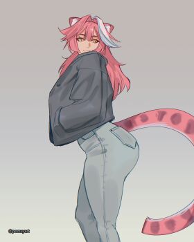 1girl animal_ears ass black_hoodie center-flap_bangs closed_mouth commentary denim double-parted_bangs english_commentary from_side gradient_background grey_background grey_pants hands_in_pockets highres hololive hololive_english hood hoodie jeans light_smile long_hair long_sleeves multicolored_hair panther_ears panther_girl panther_tail pants pink_hair pomuya raora_panthera sidelocks simple_background single_hair_streak solo standing streaked_hair tail virtual_youtuber white_streaks yellow_eyes