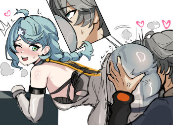 1boy 1girl anger_vein ass bent_over blue_hair face_in_ass grabbing_another&#039;s_ass green_eyes groping heart highres mini2chainz one_eye_closed seed_(zenless_zone_zero) smelling smelling_ass snile sweat wise_(zenless_zone_zero) zenless_zone_zero