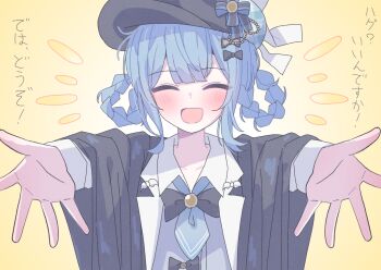 1girl :d ^_^ black_bow black_jacket blue_hair blue_hat blush bow braid brown_background closed_eyes collared_shirt commentary_request deerstalker facing_viewer grey_shirt hair_rings hat jacket mahou_shoujo_no_majo_saiban open_mouth outstretched_arm plaid_hat shirt smile solo tachibana_sherry tkugane translation_request twin_braids upper_body