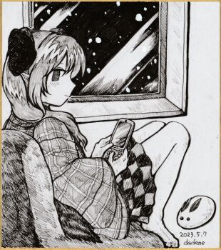 Rule 34 | 1girl, 2023, cellphone, checkered clothes, checkered skirt, commentary request, dade ne, dated, flip phone, greyscale, highres, himekaidou hatate, looking at viewer, monochrome, phone, pointy ears, skirt, solo, touhou, white background, window