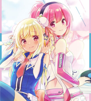 2girls absurdres beatmania_iidx bemani blonde_hair blush braid breasts commentary_request detached_sleeves hair_ornament headphones highres looking_at_viewer multiple_girls necktie nyah pink_eyes ponytail red_eyes red_necktie ribbon sally_(pacch0614) short_hair siblings sisters small_breasts smile strapless tan thighhighs tube_top twin_braids white_tube_top xiatian_(beatmania)