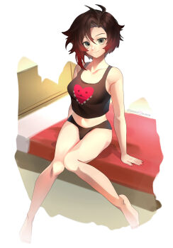 1girl absurdres artist_name bed black_hair black_panties black_shirt breasts collarbone gradient_hair grey_eyes highres legs looking_at_viewer medium_breasts multicolored_hair panties red_hair ruby_rose rwby shirt short_hair sitting smile solo tank_top thighs underwear zuu_(zuuzu)