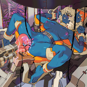 1girl bdsm blonde_hair blue_skin bondage bound breasts colored_skin cum cum_in_pussy demon gynecology_chair highres kezime multiple_penetration nipples nude object_insertion pc-98_(style) pixel_art restrained ryoko_(kezime) sex_machine solo spread_legs stationary_restraints vaginal vaginal_object_insertion