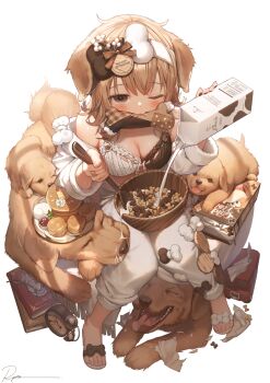 1girl animal_ears artist_name blush breasts brown_eyes brown_hair cleavage commentary dog_ears highres holding_carton large_breasts looking_at_viewer milk_carton mouth_hold one_eye_closed original pants revision ryota_(ry_o_ta) sandals short_hair signature simple_background solo spoon symbol-only_commentary white_background white_pants wooden_spoon
