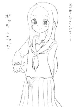 1girl bulge japanese_text karakai_jouzu_no_takagi-san long_hair monochrome pointing pointing_at_self school_uniform serafuku setsuden sketch skirt smile solo takagi-san translated
