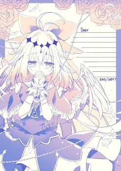 1girl antenna_hair blush capelet commentary_request covered_mouth cure_arcana_shadow dress feathered_wings flower frilled_capelet frills hair_between_eyes hair_intakes highres interlocked_fingers long_hair looking_at_viewer meitantei_precure! own_hands_clasped own_hands_together precure purinpurin rose solo very_long_hair wings