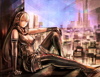 1girl armlet belt black_boots black_gloves blue_eyes boots breasts cityscape cleavage closed_mouth commentary_request dress gloves hand_on_own_knee headphones hood hood_down jewelry knee_up lace-up_boots large_breasts long_hair looking_at_viewer multicolored_eyes night open_clothes open_dress original pink_eyes reclining sky solo sushi_(sashimise) thigh_boots two-tone_eyes